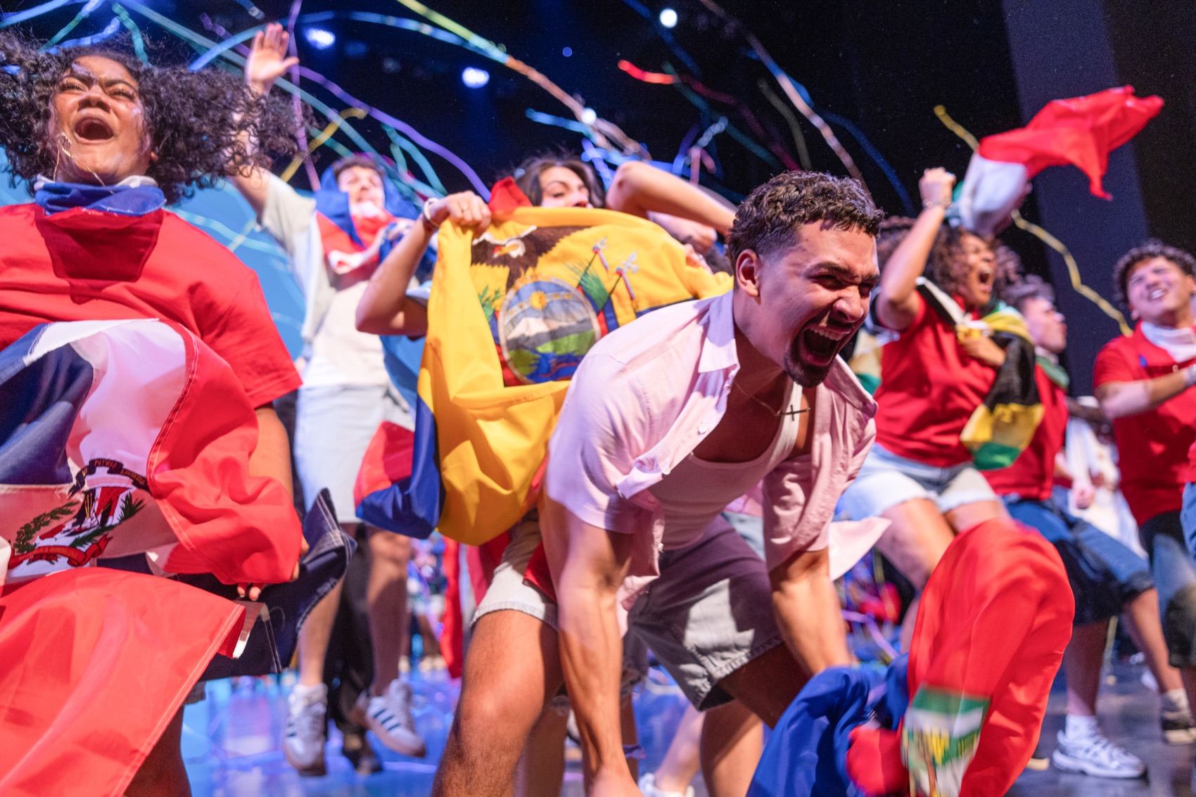 Festival celebration with flags and streamers